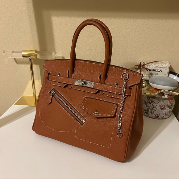 Handbags - 30cm Round Top Handle Front Pockets Satchel Brown